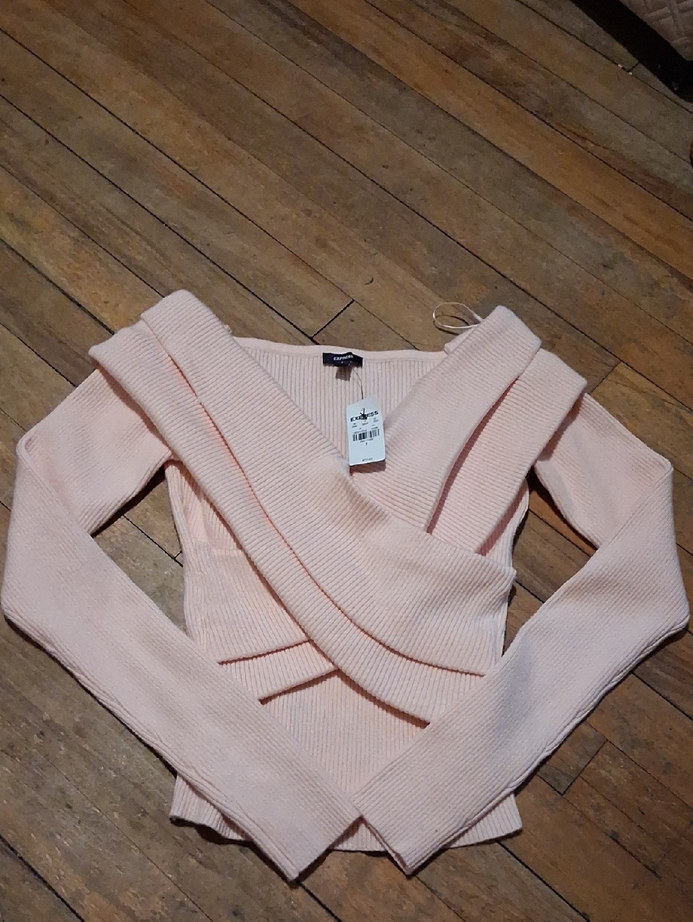 Express Pale Pink Ribbed Wrap-Style Sweater - Picture 2 of 6